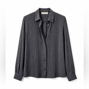 Valerie Stevens 100% Silk Black Pleated Button Front Blouse Long Sleeve